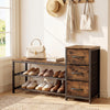 3-tier industrial shoe bench in rustic brown with 3 removable drawers, ideal for entryways and hallways.