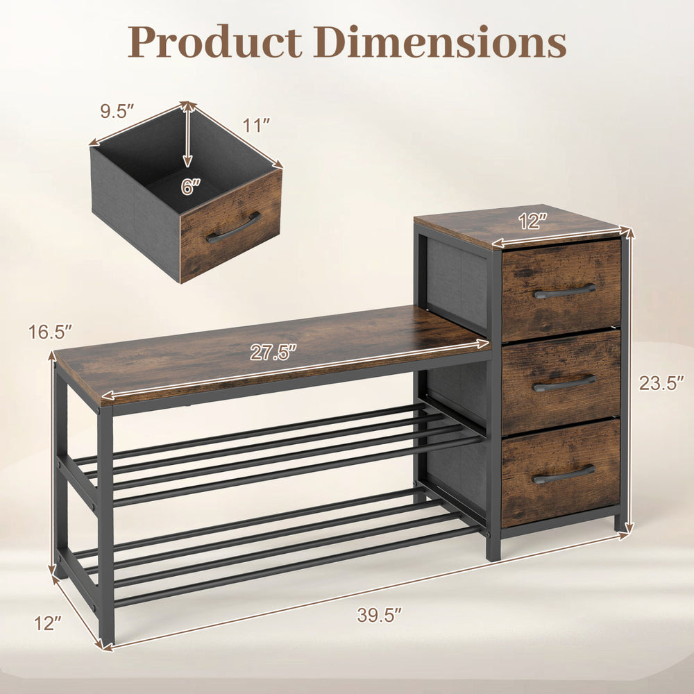 3-tier industrial shoe bench in rustic brown with 3 removable fabric drawers and anti-toppling kits for hallway storage.