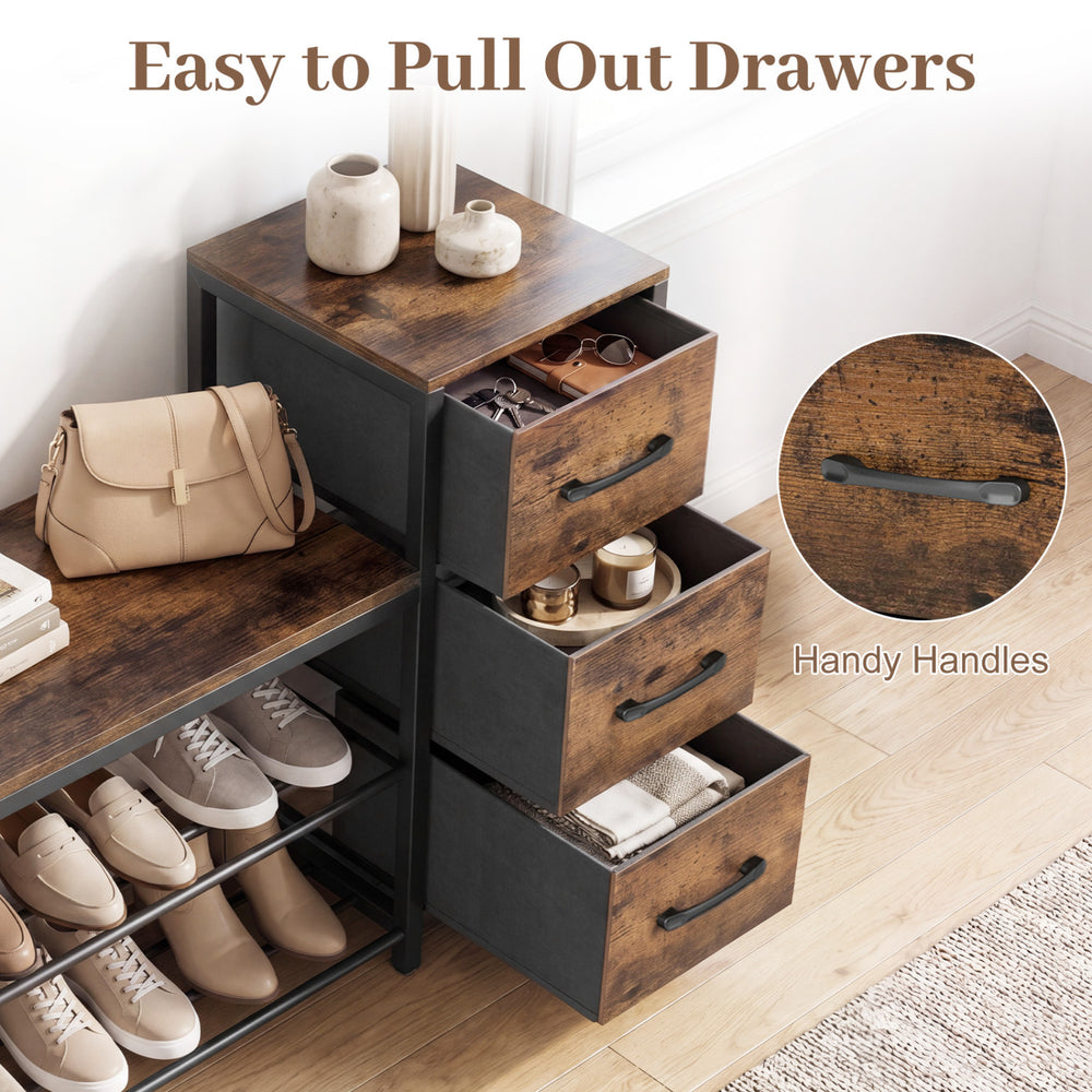 3-tier industrial shoe bench in rustic brown with 3 removable drawers and handy handles, ideal for entryways and.