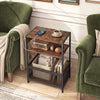 Rustic brown 3-tier industrial side table with 2 AC outlets and USB ports for convenient charging in any room.