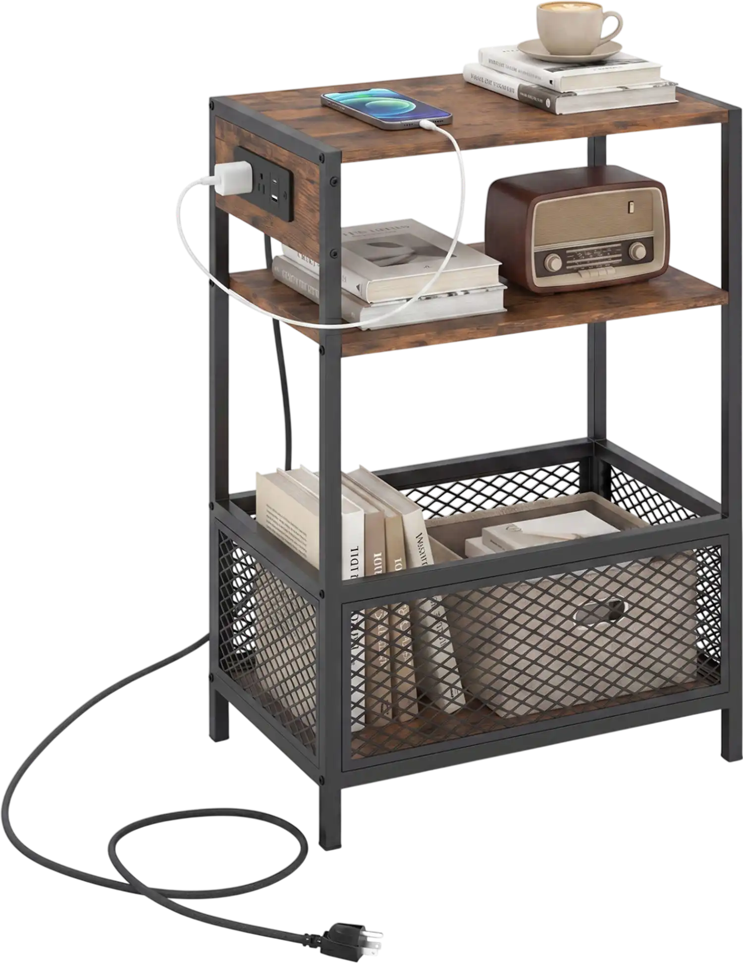 Costway Industrial 3-Tier Side Table w/ 2 AC Outlets & 1 Type-C Port 65258755 New