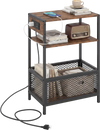Rustic brown 3-tier industrial side table featuring a large tabletop and anti-toppling devices for added stability and safety.