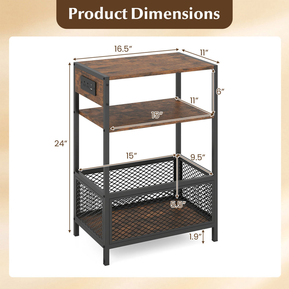3-tier industrial side table in rustic brown with 2 AC outlets, 1 USB, and 1 Type-C port for versatile storage solutions.