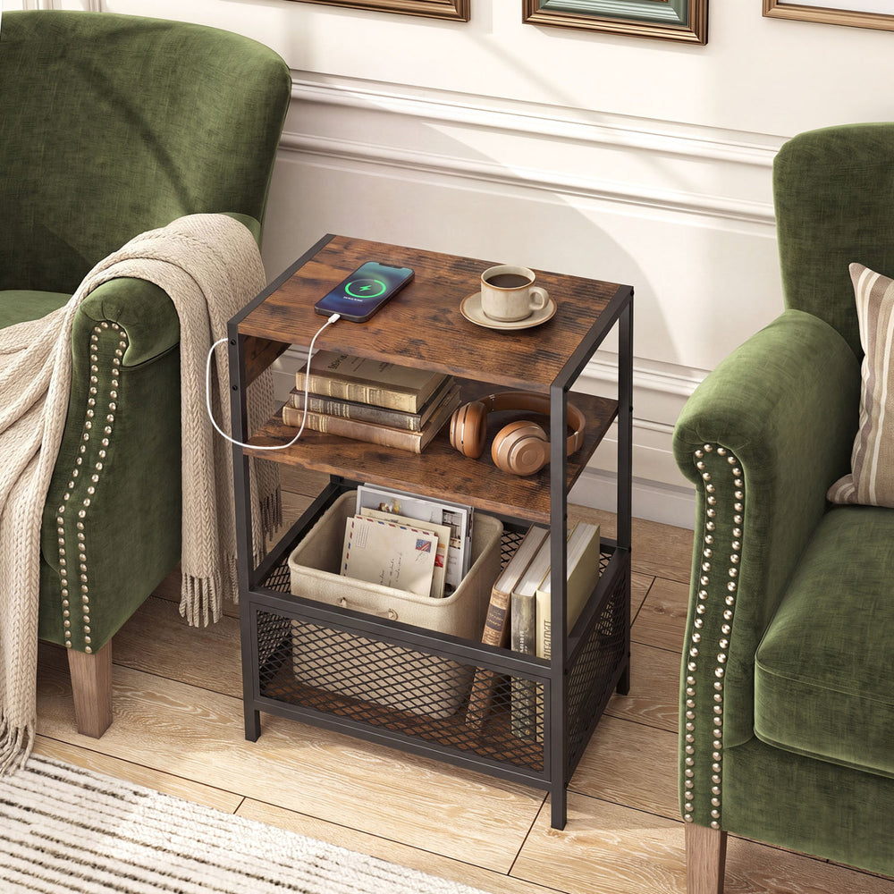 Rustic brown 3-tier industrial side table with 2 AC outlets, USB, and Type-C ports for versatile storage and charging.