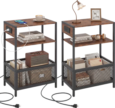 Costway 3-Tier Industrial Side Table Set of 2 w/ AC Outlets & Type-C Port 59219631 New
