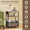 3-tier industrial side table in rustic brown with 2 AC outlets, USB port, and ample storage for living room essentials.