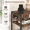 3-tier industrial side table in rustic brown with 2 AC outlets, 1 USB, and 1 Type-C port for versatile charging options.