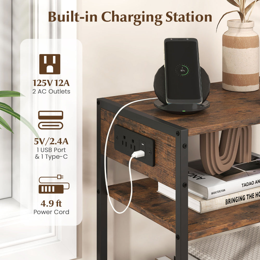 3-tier industrial side table in rustic brown with 2 AC outlets, 1 USB, and 1 Type-C port for versatile charging options.