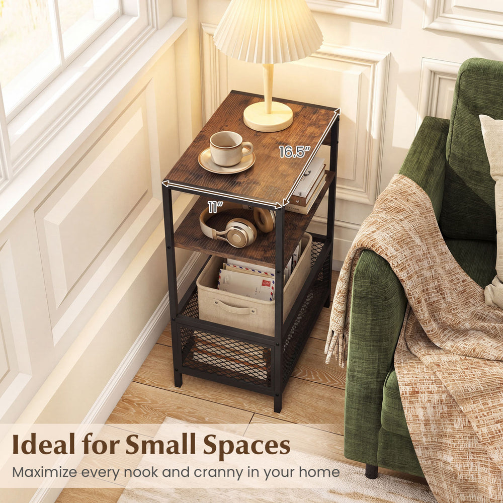 3-tier industrial side table in rustic brown with 2 AC outlets, USB, and Type-C ports, perfect for small spaces.