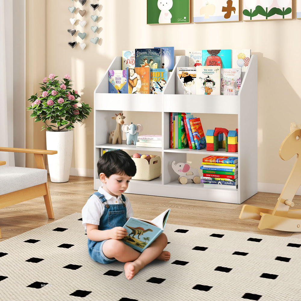 3-tier white kid's bookshelf with display rack and compartments, promoting organization and reading habits for children.