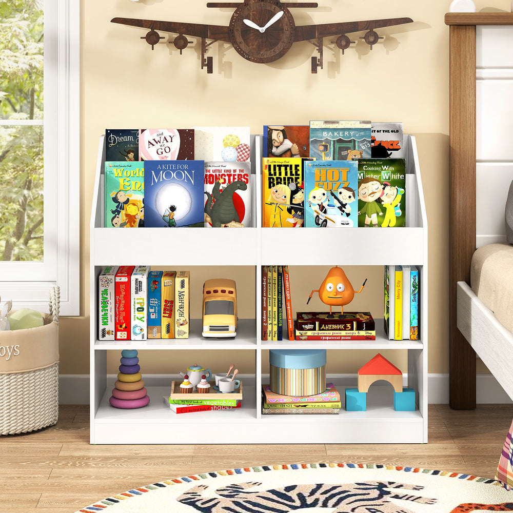 3-tier kid's bookshelf in white with display rack and compartments, perfect for organizing toys and books in a child's.
