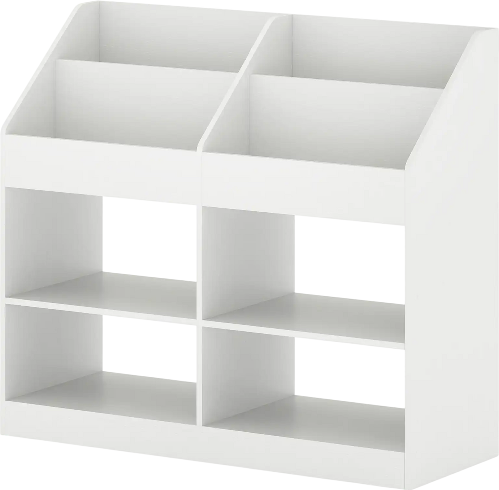 3-tier kid's bookshelf in white with display rack and 4 compartments for toy storage and organization.