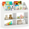 3-tier kid's bookshelf in white with top display rack and 4 compartments for toy and book organization.