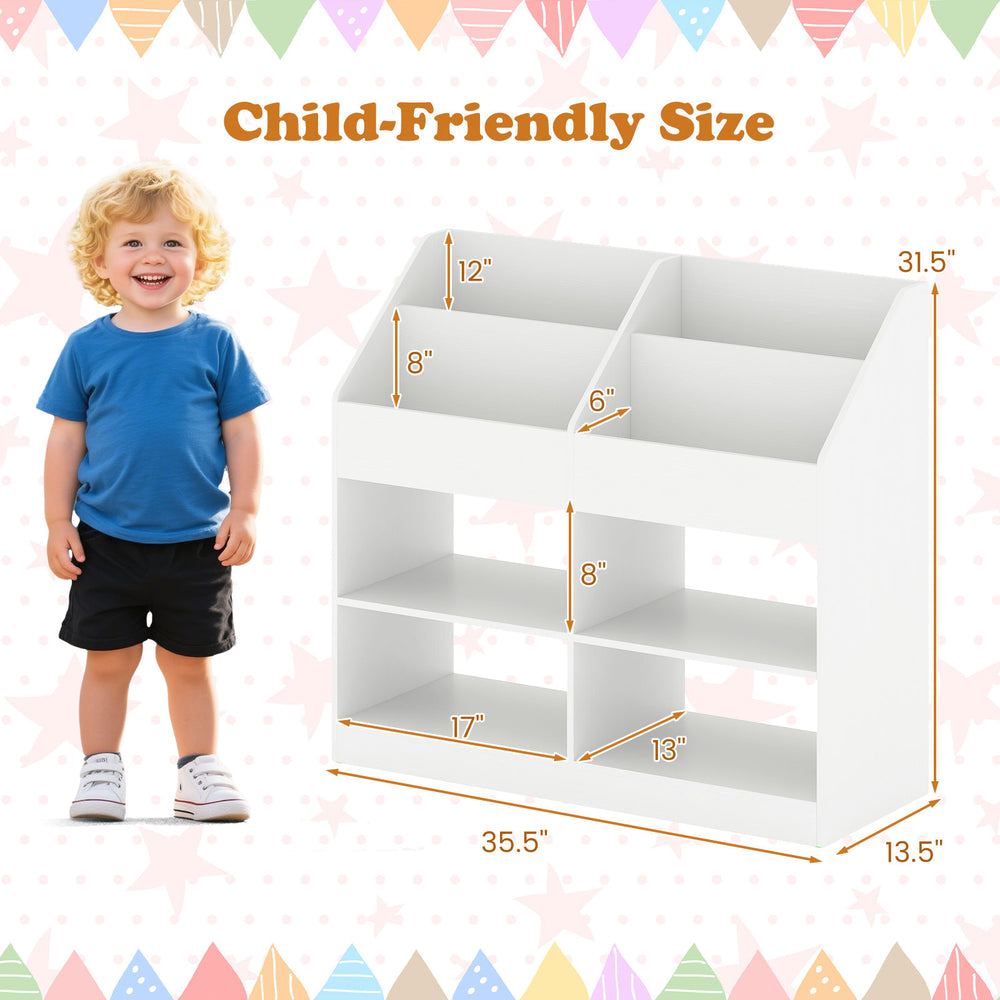 3-tier kid's bookshelf toy storage organizer in white with 4 compartments, designed for child-friendly height and.