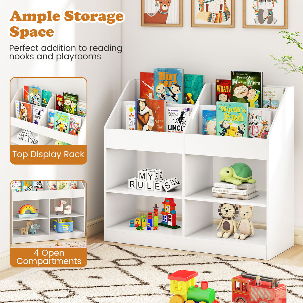 3-tier kid's bookshelf organizer in white with top display rack and 4 compartments for toys and books, promoting tidy.