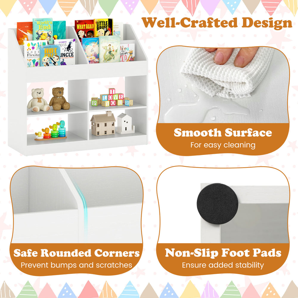 3-tier kid's bookshelf in white with 4 compartments, safe rounded corners, and non-slip foot pads for stability.