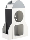 Rocket-shaped 3-tier kids bookshelf in white, featuring chalkboards and storage for toys, books, and a cat house.