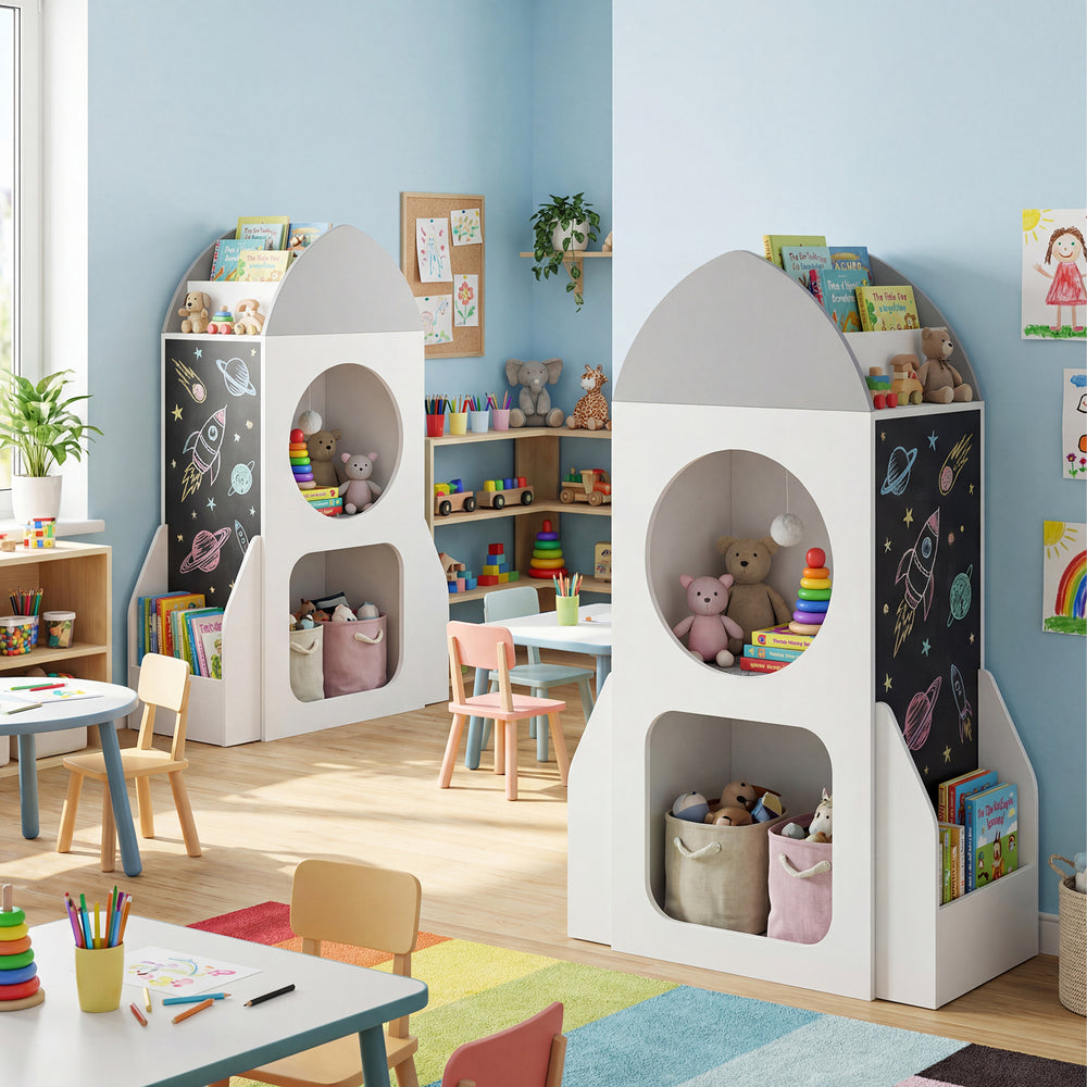 Rocket-shaped 3-tier kids bookshelf in white, featuring chalkboard sides and spacious storage for toys and books.