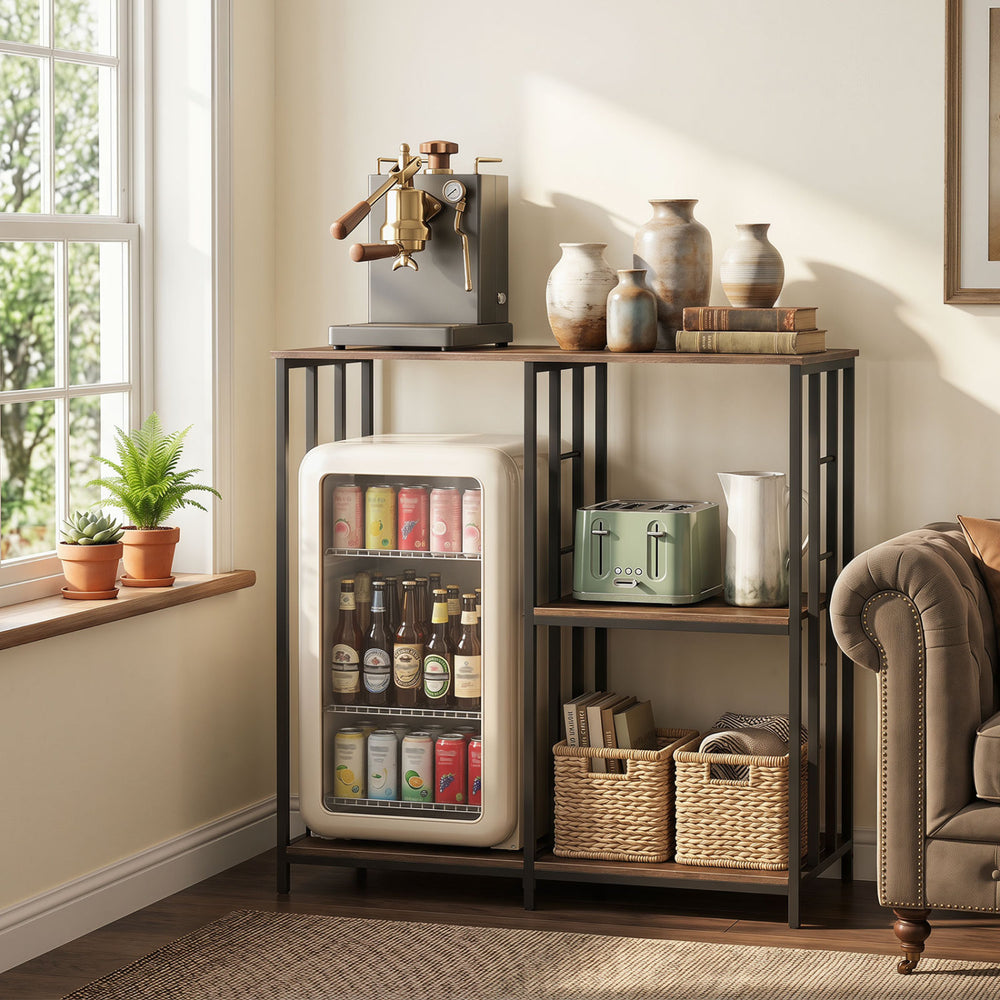 3-tier kitchen baker's rack in rustic brown with open shelves, ideal for organizing appliances and mini fridges.