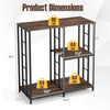 Dimensions of the 3-tier kitchen baker's rack in rustic brown, designed for microwave and oven with sturdy metal frame.