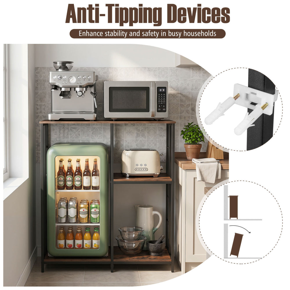 3-tier kitchen baker's rack in rustic brown with open shelves, ideal for microwaves and mini fridges, enhances.