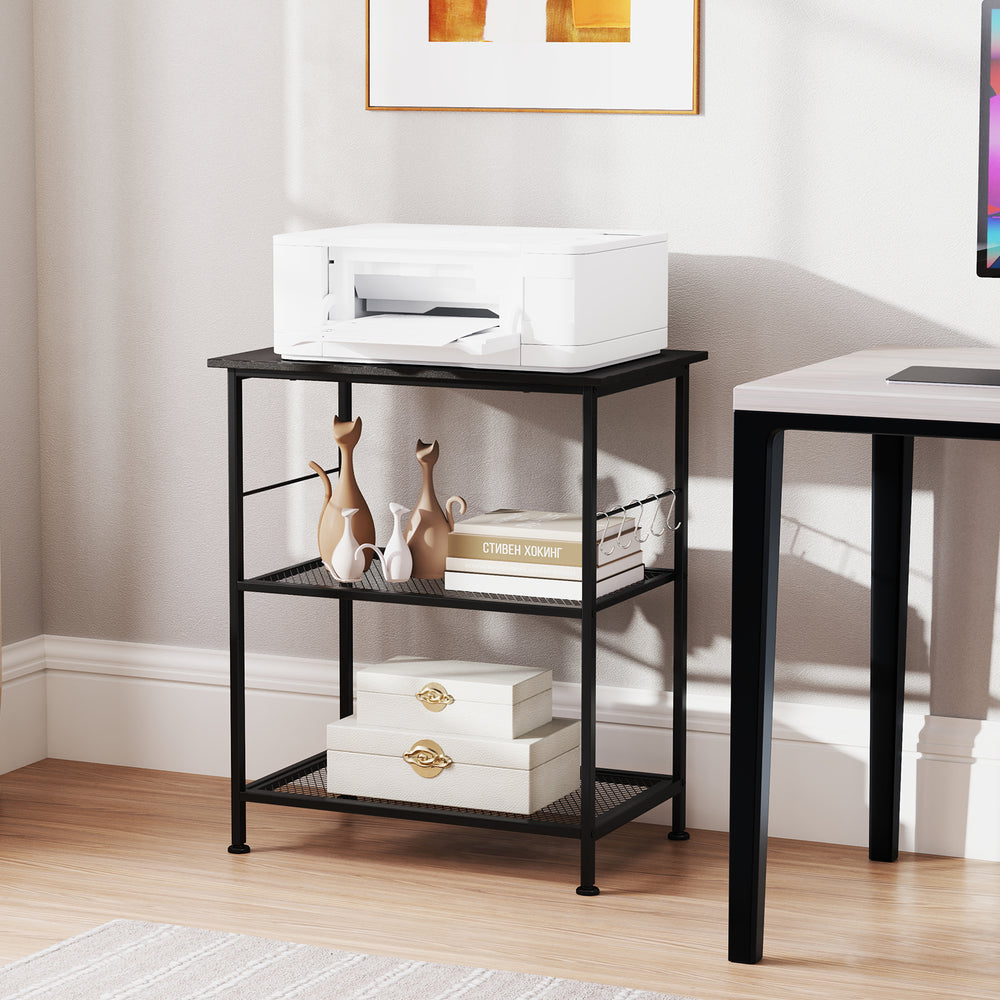 3-tier black kitchen serving cart with sturdy metal construction, featuring shelves and hooks for versatile storage.
