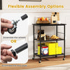 3-tier black kitchen serving cart with flexible assembly options for wheels or foot pads, ideal for versatile storage.