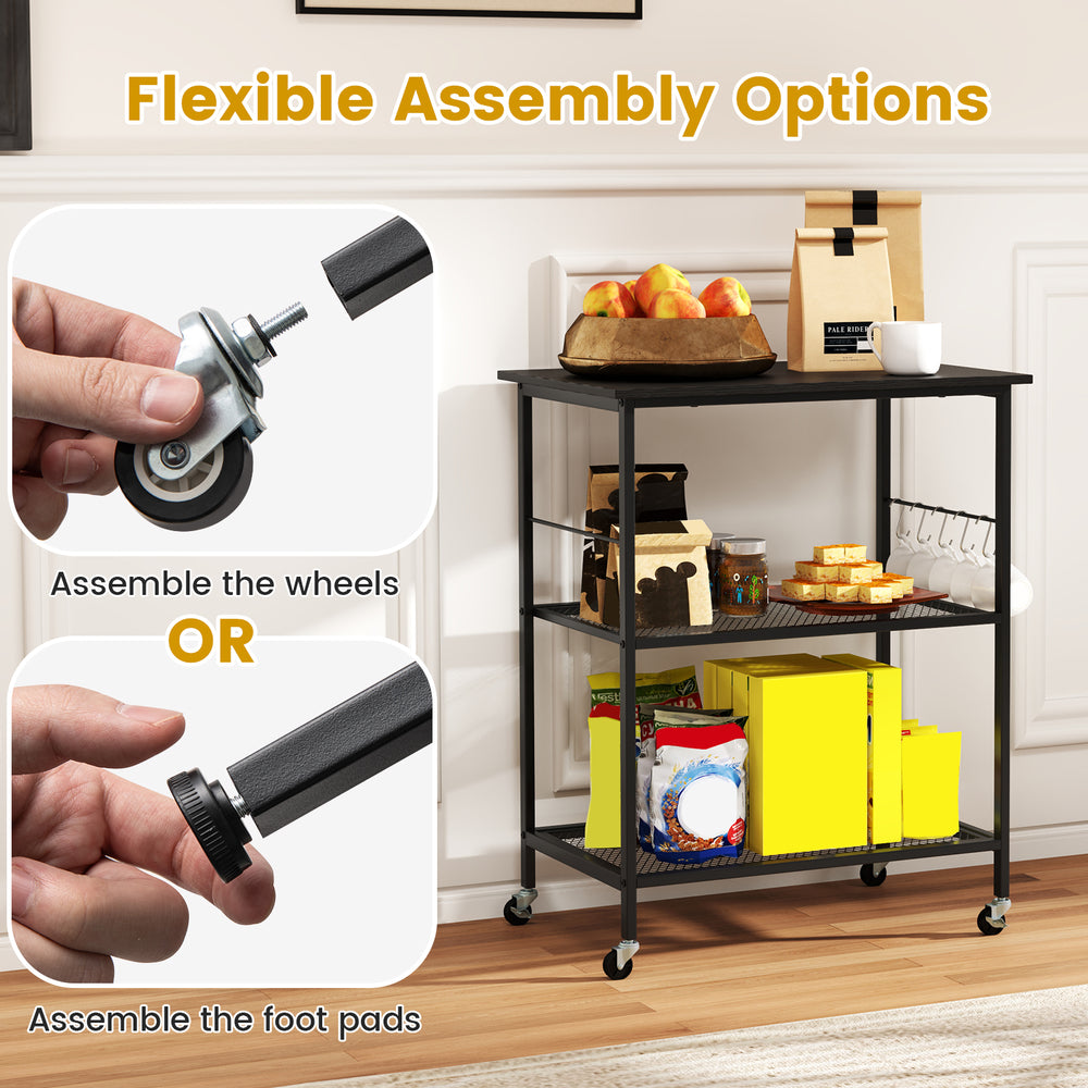 3-tier black kitchen serving cart with flexible assembly options for wheels or foot pads, ideal for versatile storage.