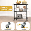 3-tier black kitchen serving cart with 360° swivel wheels and lockable brakes for easy movement and stability.