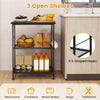 3-tier black kitchen serving cart with 3 open shelves, 5 hooks, and wheels for easy movement and storage convenience.