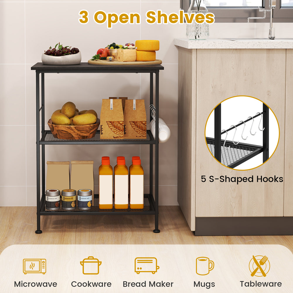 3-tier black kitchen serving cart with 3 open shelves, 5 hooks, and wheels for easy movement and storage convenience.