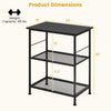 3-tier black kitchen serving cart with metal shelves, hooks, and dimensions for versatile storage and easy movement.