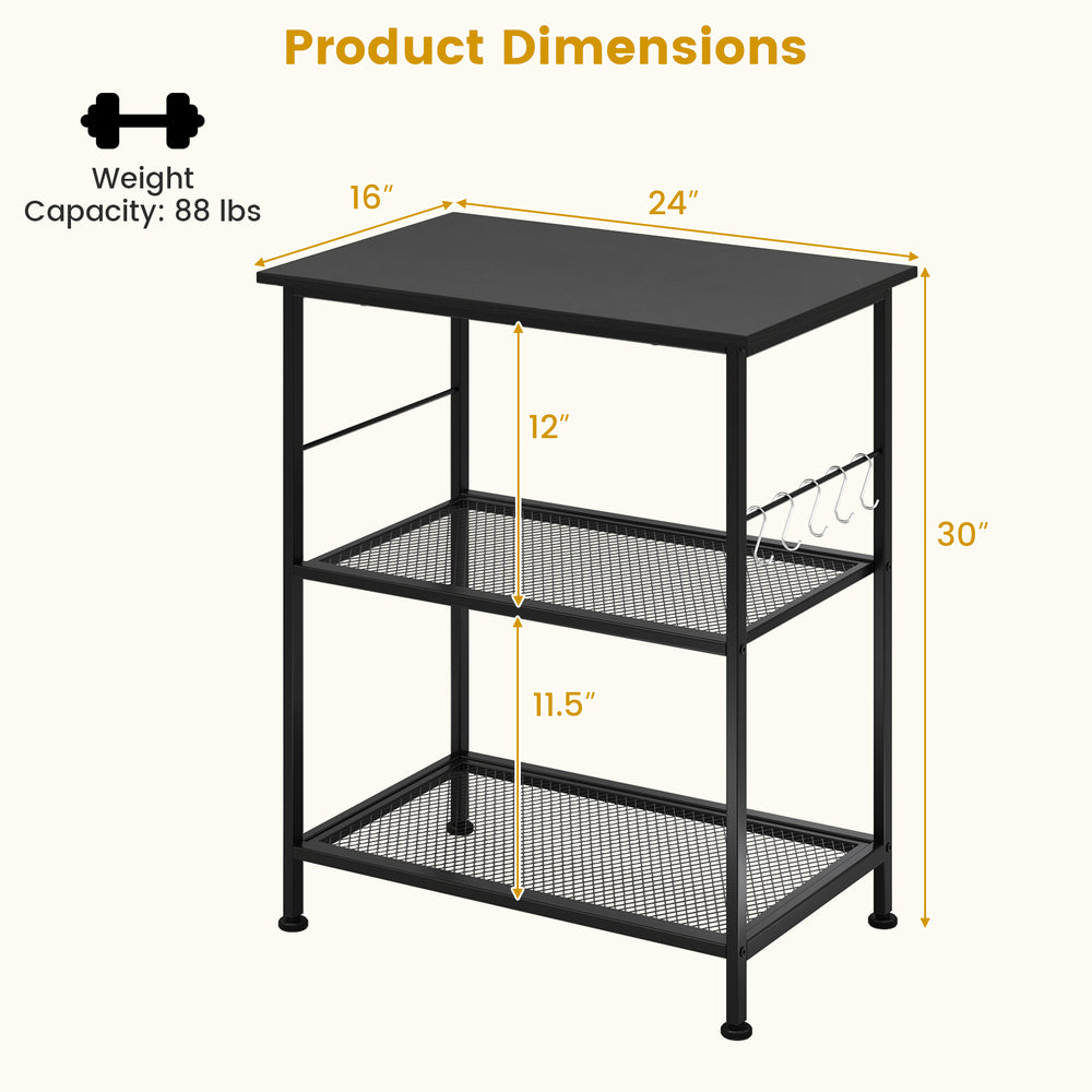 3-tier black kitchen serving cart with metal shelves, hooks, and dimensions for versatile storage and easy movement.