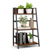 3-tier ladder bookshelf with a sturdy metal frame, featuring open shelves for plants and books, ideal for home.
