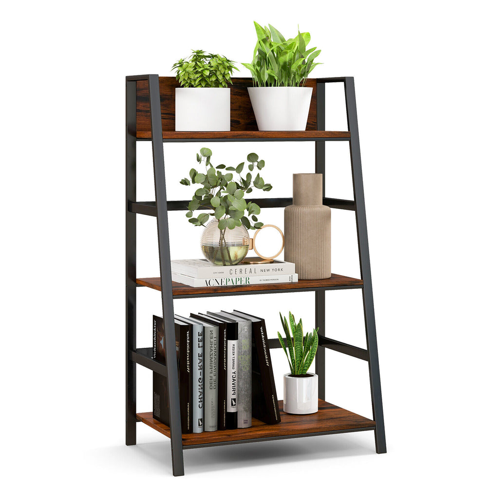 3-tier ladder bookshelf with a sturdy metal frame, featuring open shelves for plants and books, ideal for home.