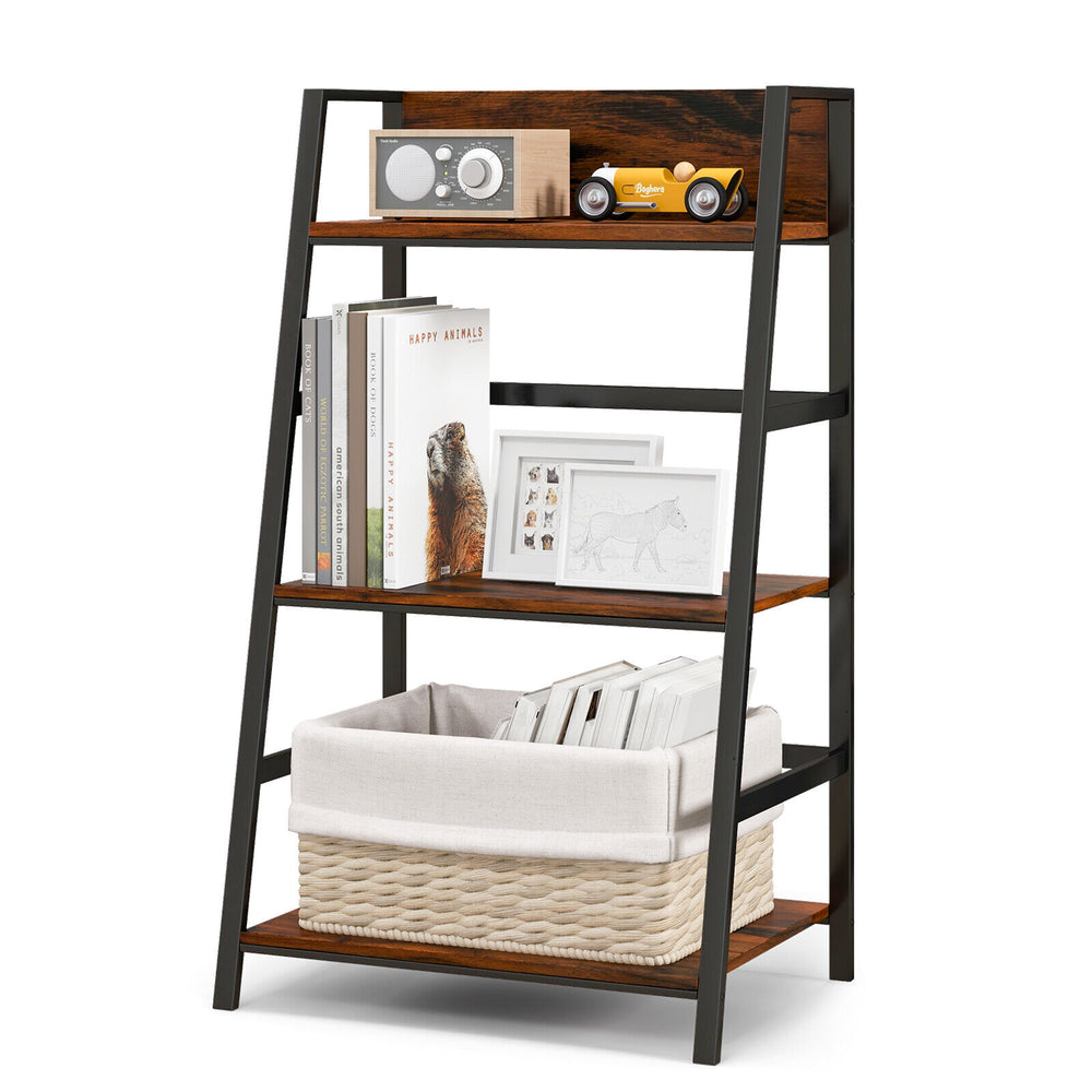 3-tier ladder bookshelf with a sturdy metal frame and wooden shelves, ideal for organizing books and decorative items.