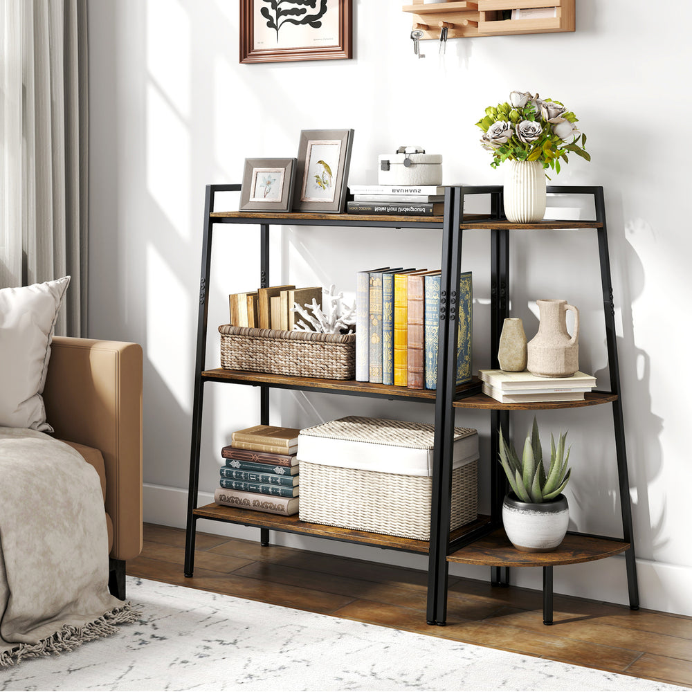3-tier ladder shelf and corner shelf set in rustic brown with a sturdy metal frame, perfect for living room or home office.