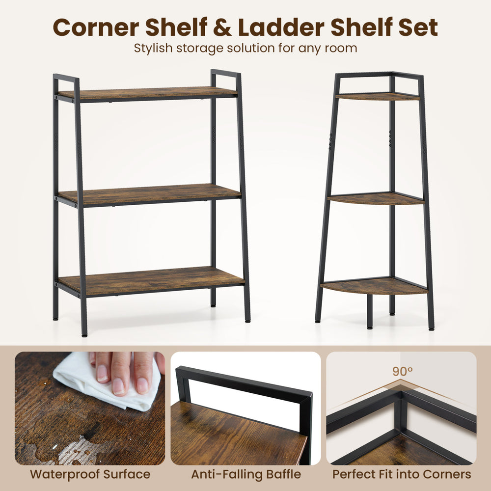 3-tier ladder shelf and corner shelf set in rustic brown with metal frame, perfect for stylish storage in any room.
