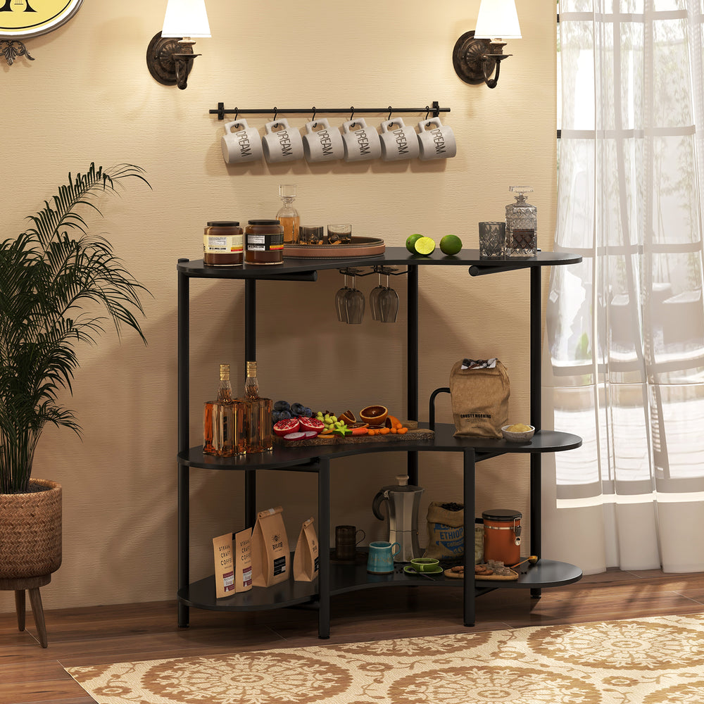 3-Tier Liquor Bar Table with Stemware Racks and Storage Shelves-Black - Gallery View 1 of 10