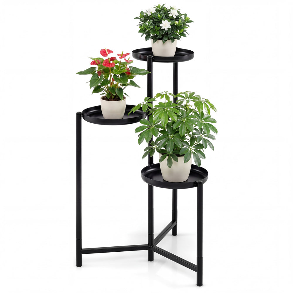 Three-tier metal plant stand with a rustproof finish, designed for indoor or outdoor use, perfect for corner displays.