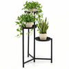 Three-tier metal plant stand with a triangular frame, ideal for indoor or outdoor plant display in corners.