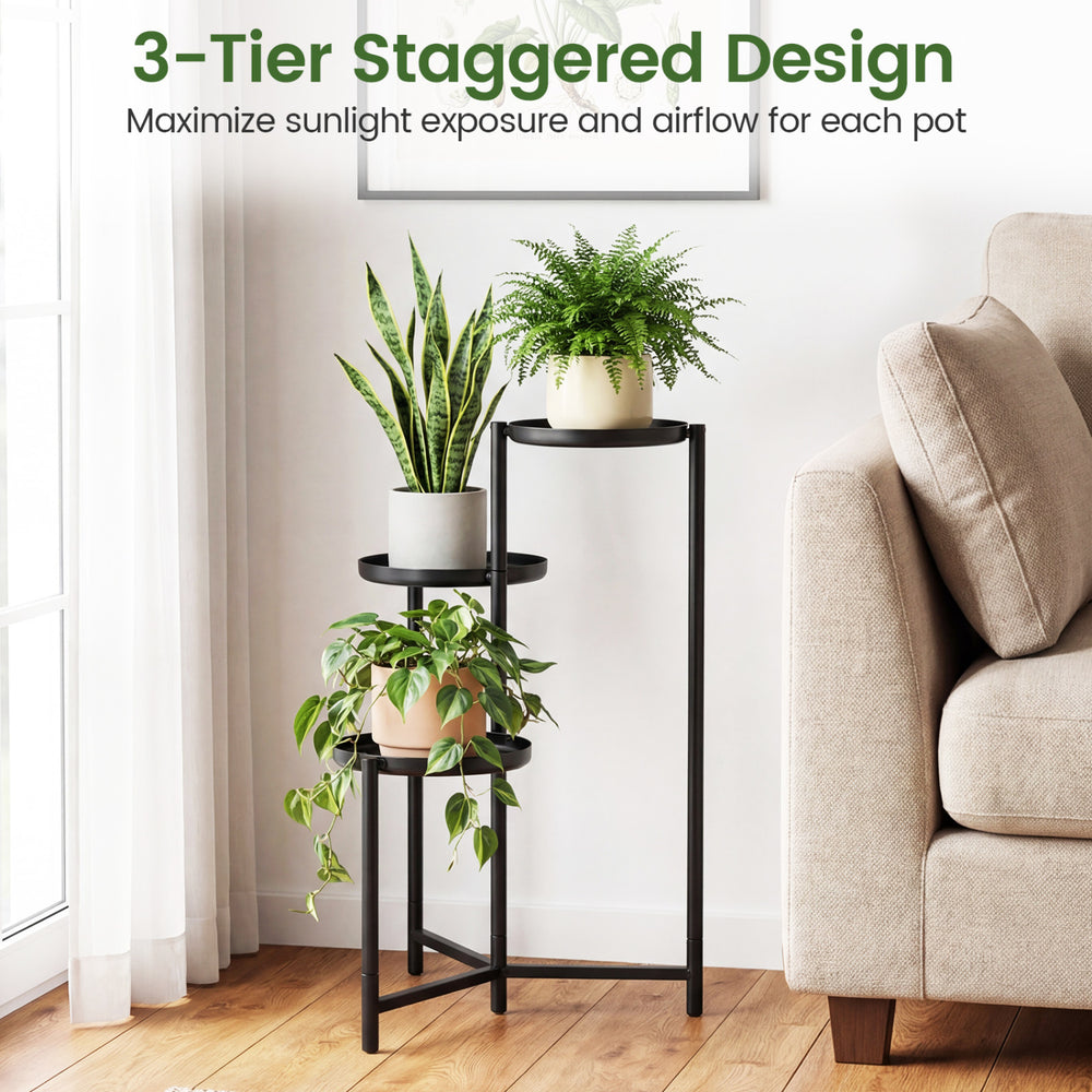 3-tier metal plant stand with staggered design, crafted from rustproof metal, perfect for indoor or outdoor plant.