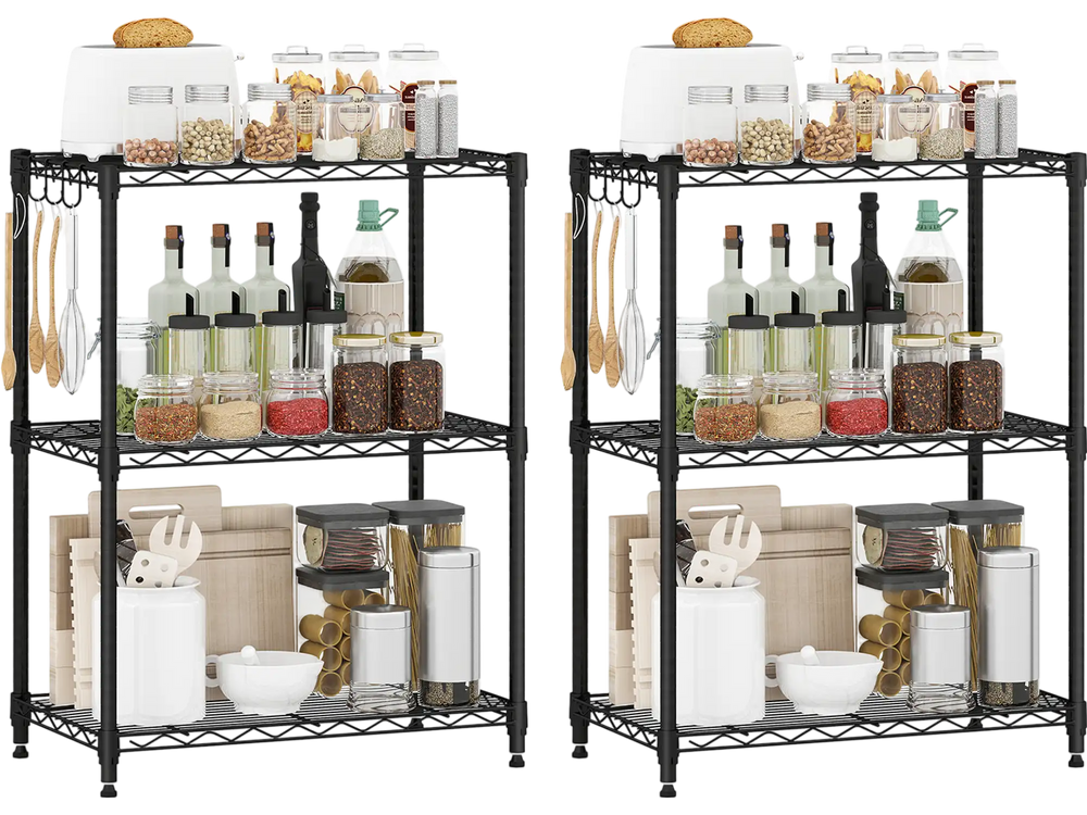 3-tier black metal storage shelving unit set of 2 with adjustable shelves, ideal for kitchen or garage organization.