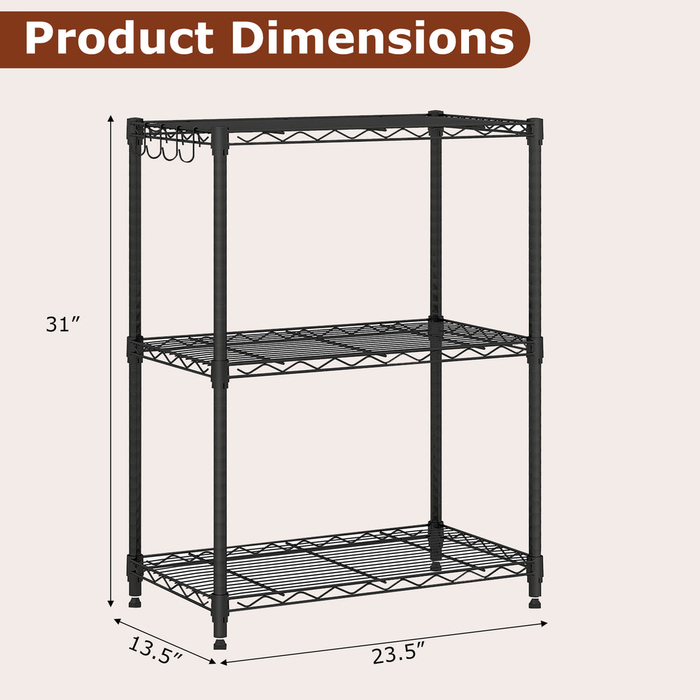 3-tier black metal storage shelving unit dimensions shown, featuring adjustable shelves and sturdy V-shaped wire racks.
