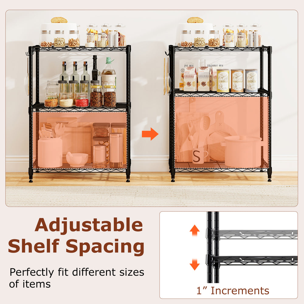 3-tier black metal storage shelving unit set of 2 with adjustable shelves for versatile organization in any space.