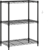 3-tier black metal storage shelving unit with adjustable shelves and removable hooks, ideal for kitchen and garage.