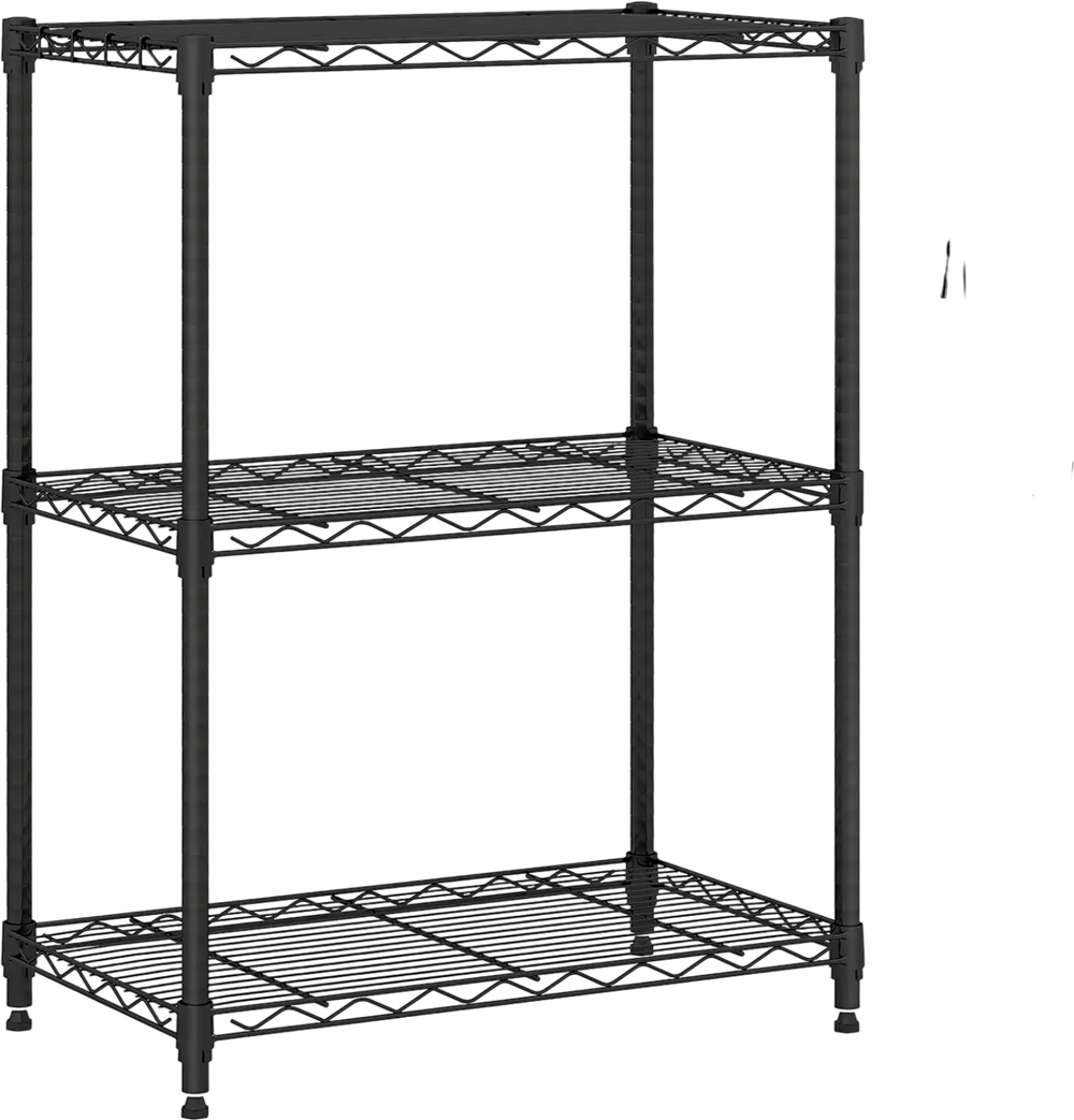 3-tier black metal storage shelving unit with adjustable shelves and removable hooks, ideal for kitchen and garage.
