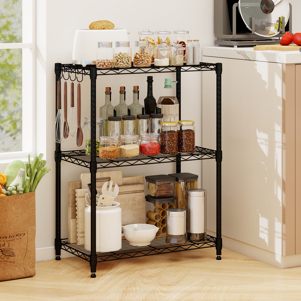 3-tier black metal shelving unit featuring reinforced V-shaped mesh, perfect for organizing pantry and kitchen.