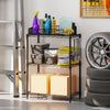 3-tier black metal storage shelving unit with adjustable shelves and V-shaped wire rack for garage organization.