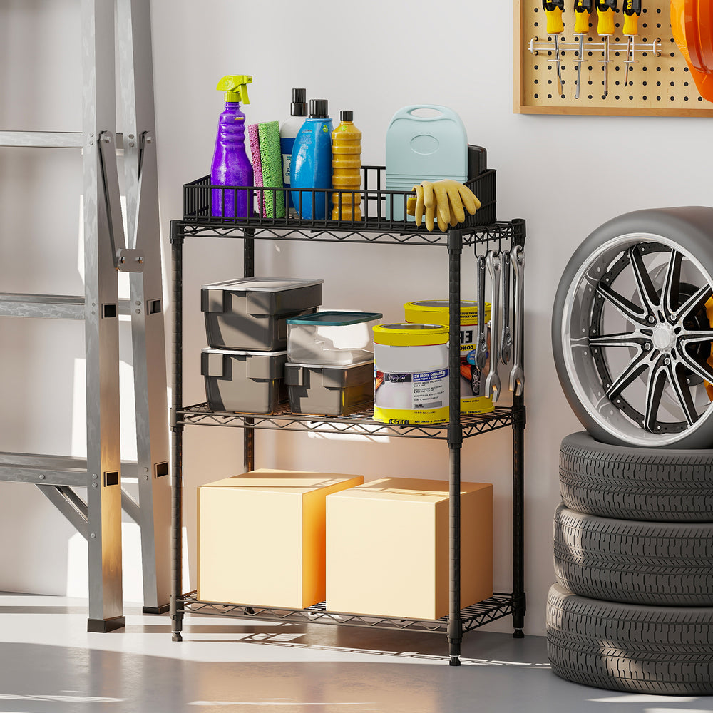 3-tier black metal storage shelving unit with adjustable shelves and V-shaped wire rack for garage organization.